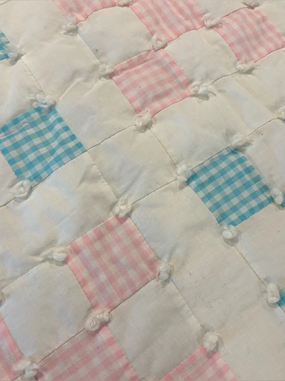 Cream Quilt with Pink and Blue Gingham Blocks